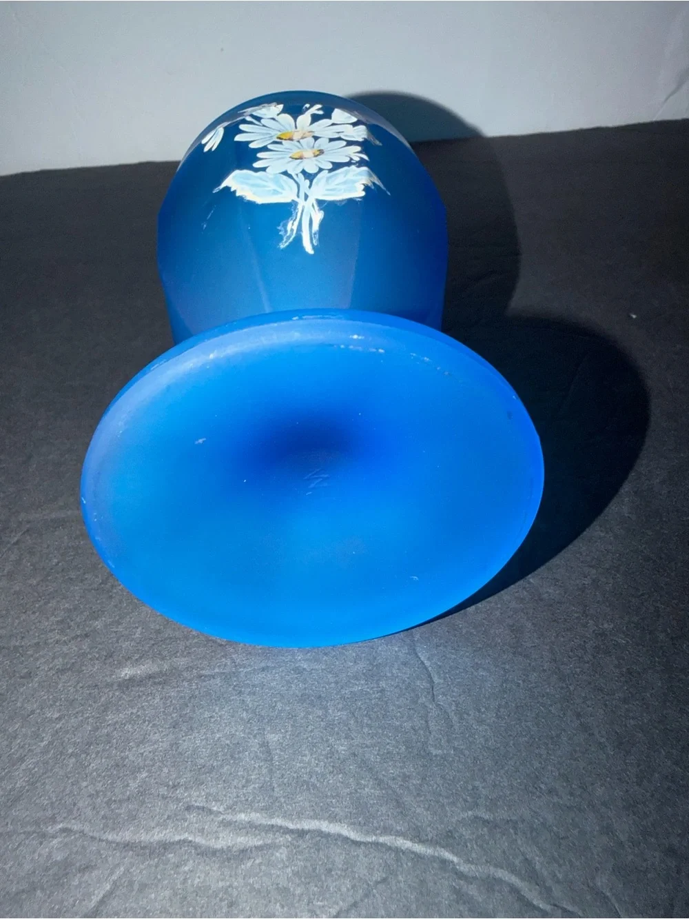 Blue Frosted Glass Apothecary Jar Lidded Hand-Painted White Daisies WESTMORELAND